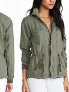 Michael Stars Olive Green Linen Hoodie Zipper Button Down Army Utility Jacket M